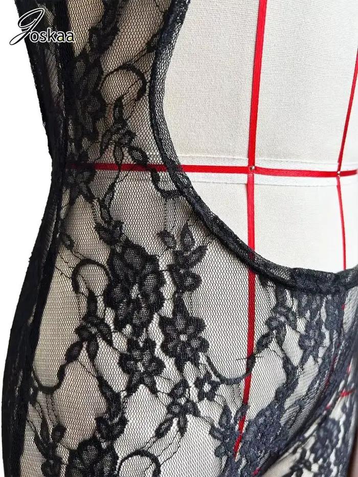 Combinaison sexy en dentelle transparente avec découpes Joskaa pour femme, col en V, manches courtes, dos nu, une pièce, pour les vacances et les soirées en boîte de nuit 2026
