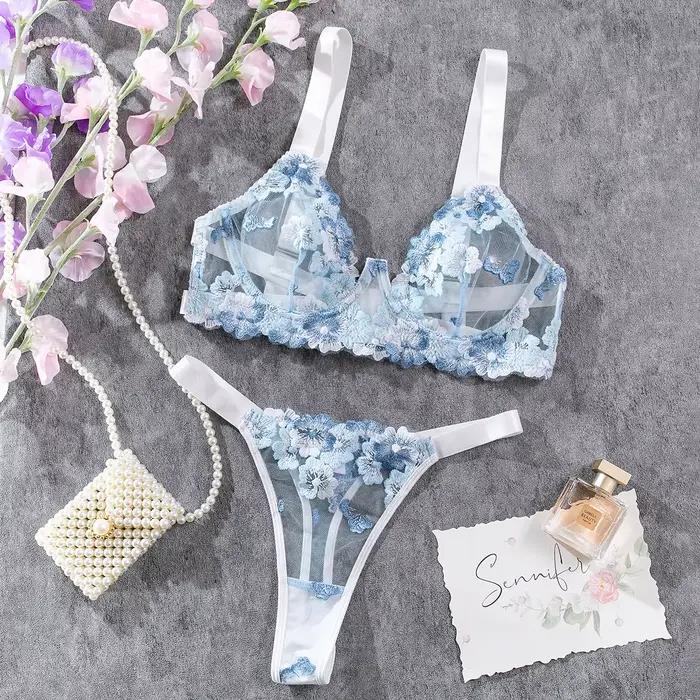 Krasapt modrá vyšívaná nízko střižená podprsenka s kosticemi a tanga set Sexy průhledné intimní dámské spodní prádlo jemný set