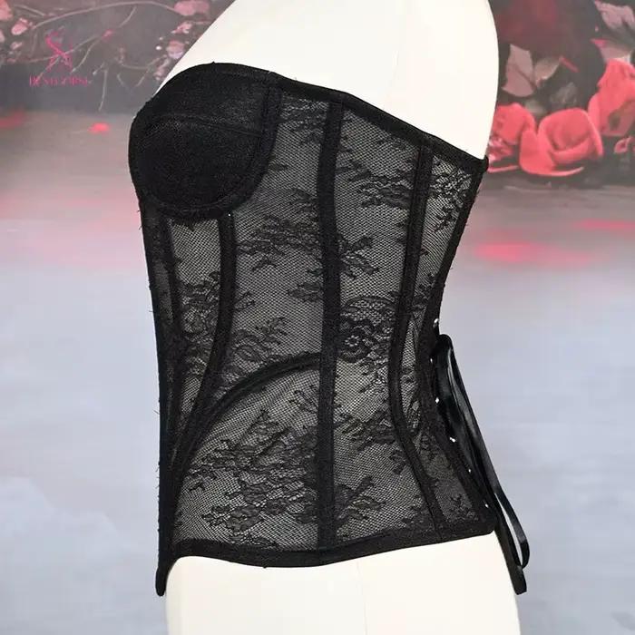 XXS corset femme luxe victorien élégant noir sexy en maille, bustier extrême moulant avec bonnets, baleines en acier, serre-taille sculptant les courbes.corse
