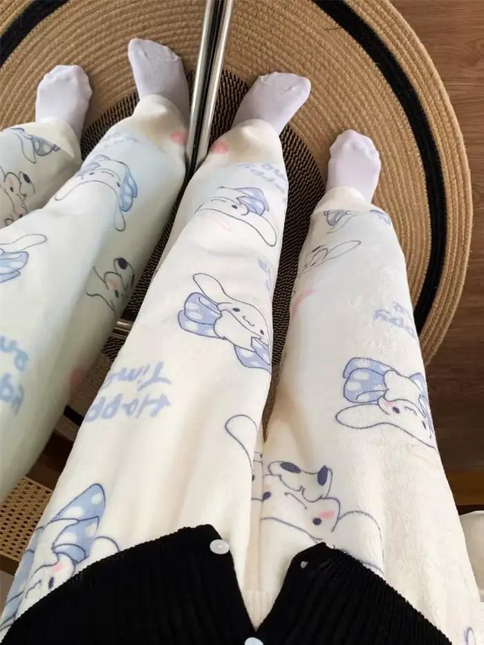 Pantalon de pyjama en flanelle Sanrio Cinnamoroll pour femme, motif dessin animé, automne et hiver, en velours corail, décontracté, pour la maison et le sommeil