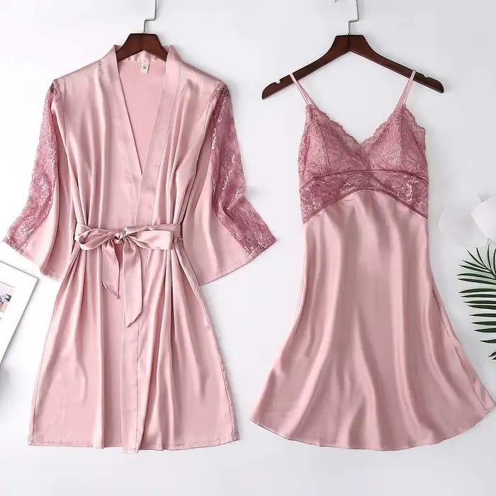 Ensemble de vêtements de nuit en Satin pour femmes, 2 pièces, Robe de mariée blanche, demoiselle d'honneur, garniture en dentelle, vêtements de nuit Sexy pour femmes, peignoir décontracté, vêtements d