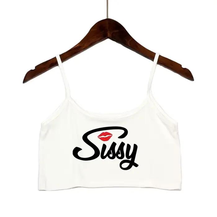 SISSY písmená červené pery potlač letné ženy krátky top Sexy elastická bavlna Camis bez rukávov