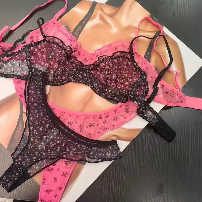 Ensemble de Lingerie à imprimé Floral pour femmes, soutien-gorge Sexy en dentelle, français, Ultra fin, respirant, intimes, sous-vêtements doux