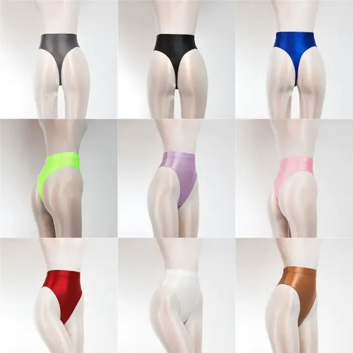 Lesklý saténový vysoký pás tangá transparentné vidieť cez Sexy krátka cukríková farba t-back olejové