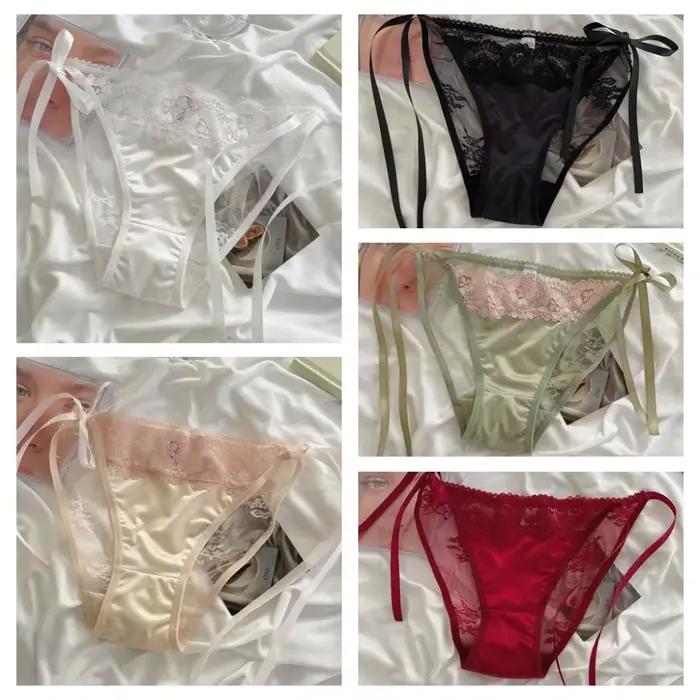 Culottes transparentes en dentelle sans couture à motif floral, taille mi-haute, avec lacets, en maille et satin de soie pour femme