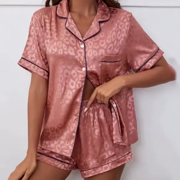 Veľká veľkosť 3XL ženy Pyžamový set jar leto krátky rukáv Šortky nočné oblečenie voľné ležérne tmavomodré Satén domáce