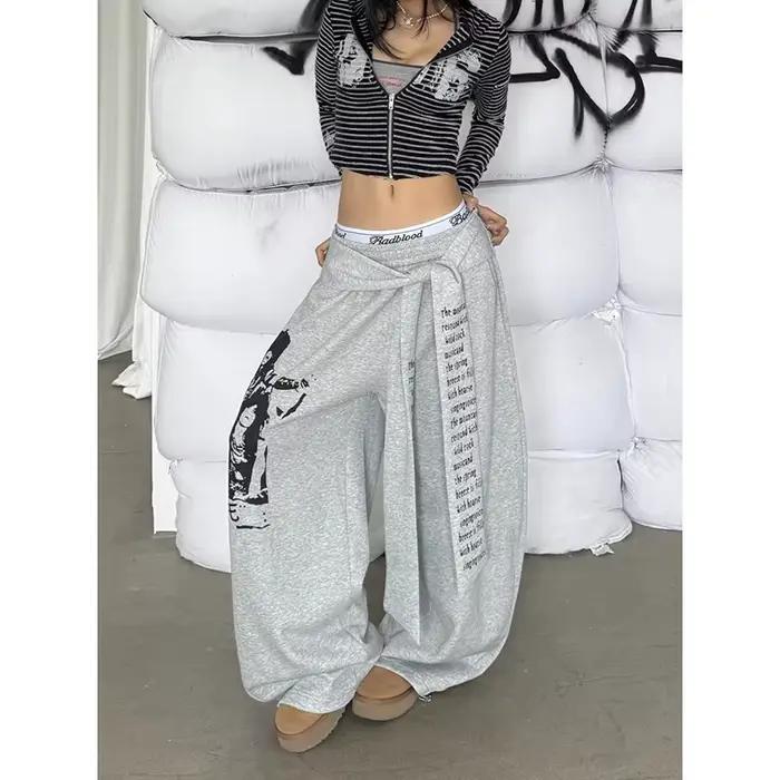 ZHIZOU dámske sivé gotické Baggy Y2k písmená potlač nohavice Harajuku 2000s Vintage oversized