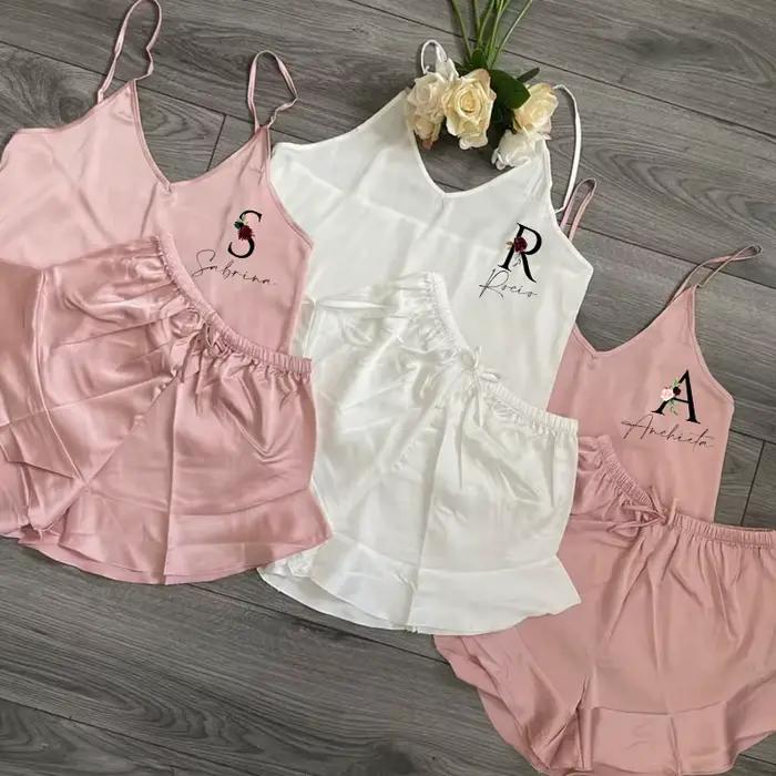 Ensemble de pyjama court en satin à volants pour demoiselle d'honneur, pyjama de mariage personnalisé, vêtements de nuit pour patients, cadeau de mariée