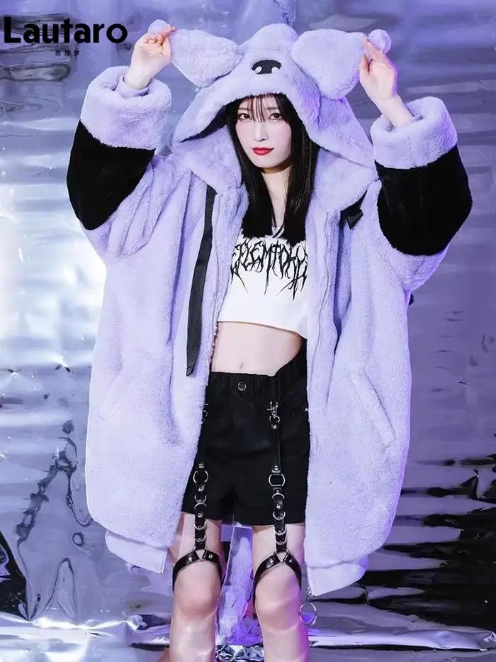 Lautaro jeseň zima nadrozmerný farebný blok umelá kožušina kabát ženy Harajuku Kawaii mäkký roztomilý nadýchaný