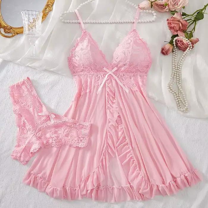 Ensemble de lingerie sexy pour femmes, camisole et culotte en dentelle rose transparente, tenue de nuit sexy et romantique à col en V, tentation irrésistible