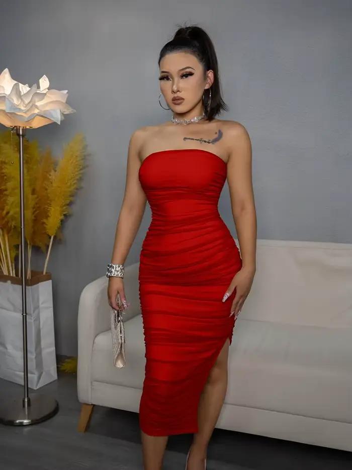 Dámske letné sexy ramienkové šaty s rozparkom, vysoký pás, cez plece, riasené