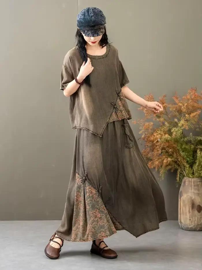 Letné dámske čínske 2-dielne súpravy ležérne potlačené Denim luxusné Vintage topy g