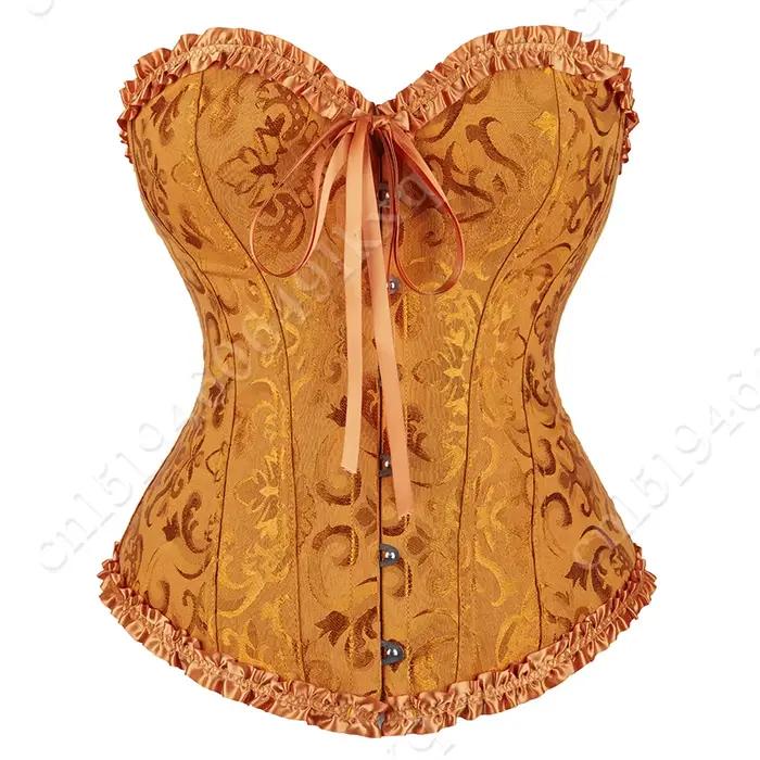 Bustier sexy à lacets pour femmes, corset floral, lingerie jaune et dorée