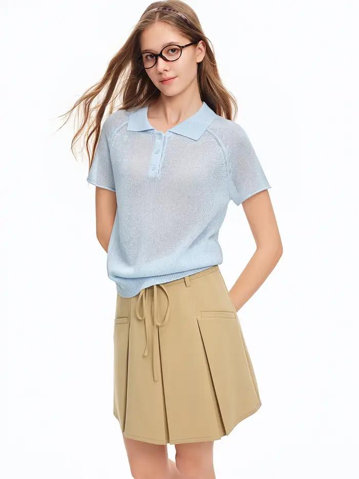 DUSHU Žena 【Letná elegancia】 Voľné tričko s polo golierom z úpletu