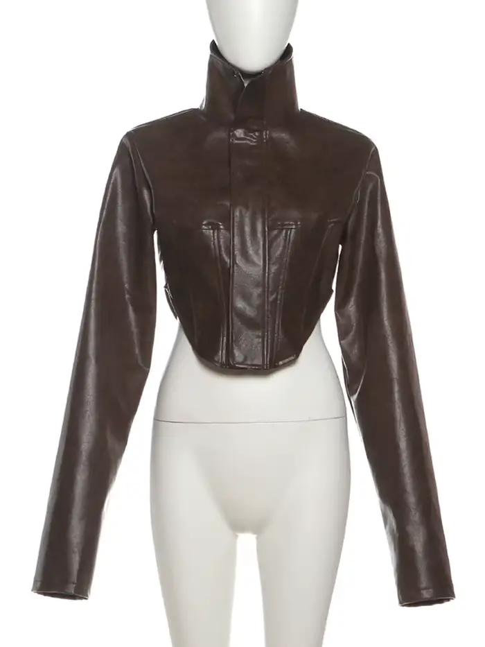 Nibber Hottie Crop Bunda Ženy Rolák PU Nepravidelný Zips Gombík Dlhé Rukávy Divoký Sexy Ulica Polnoc Jeseň