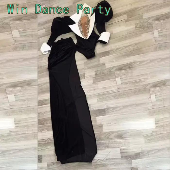 Body Sexy en velours noir à grandes manches, 2 pièces, jupe longue à queue, tenue de danse pour célébration d'anniversaire, Costume de soirée de chanteur pour femmes