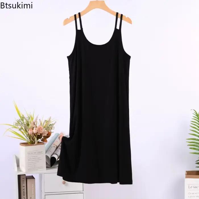 Robe de nuit d'été sans manches à col rond pour femme, robe de sommeil unie tendance, vêtement d'intérieur décontracté, robe de pyjama en modal et viscose pour femme