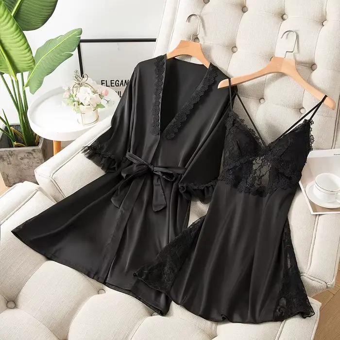 2 pièces Kimono Robe ensemble femmes Satin vêtements de nuit chemise de nuit Sexy décontracté vêtements de maison Lingerie intime dentelle peignoir Robe