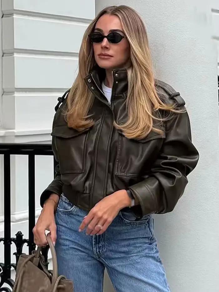 HH Dámska vintage bomber bunda z umelej kože s krátkym strihom