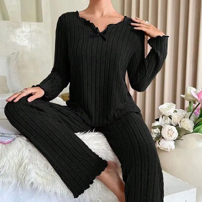 Ensemble de pyjama à manches longues et pantalon long pour femme, vêtements de nuit décontractés, vêtements d'intérieur, vêtements de détente, 2 pièces, automne et hiver