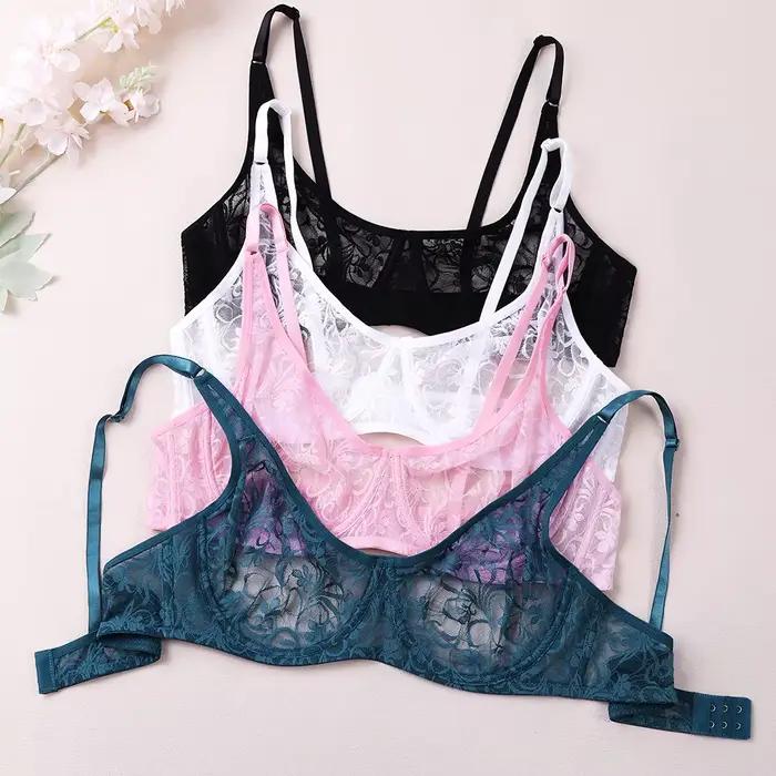 Soutien-gorge sexy tricoté avec broderie fleur ultra-respirant pour femmes en élasthanne et polyamide pour tous les styles de poitrine et tailles