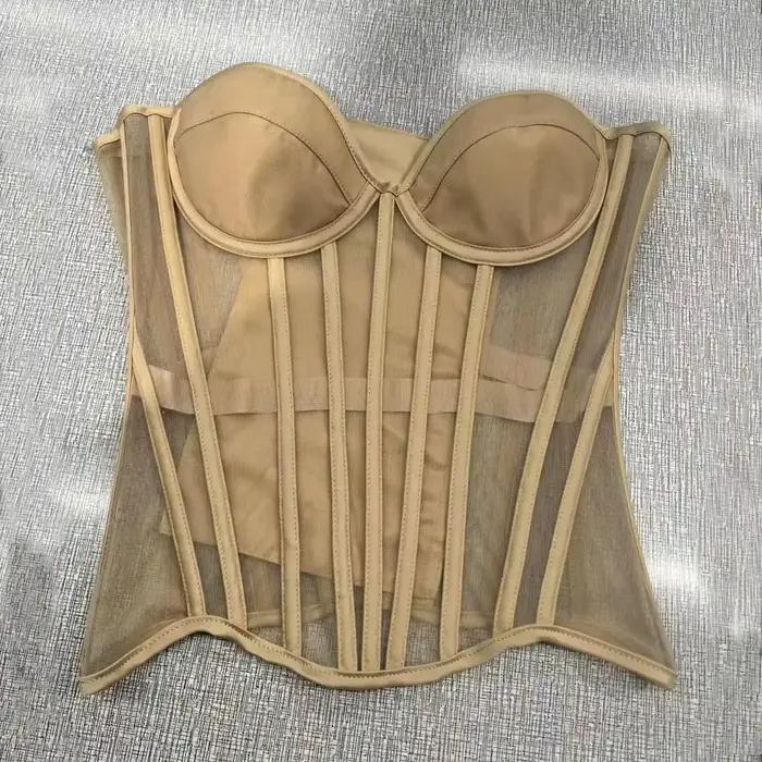 Corset fantaisie pour femmes, Bustier avec grandes bonnets, Push Up, poitrine, corsage désossé, sans bretelles, hauts en maille transparente pour mariage