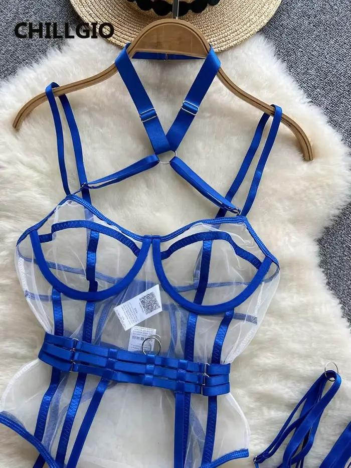 CHILLGIO ženy sieťka Sexy ramienka overal erotická móda jednodielny Catsuit Lingerie priliehavá Priehľadná kombinéza body