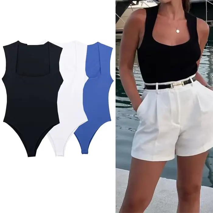 MUJER 2025 čierne ženské body s hranatým výstrihom bez rukávov modré biele Sexy priliehavé