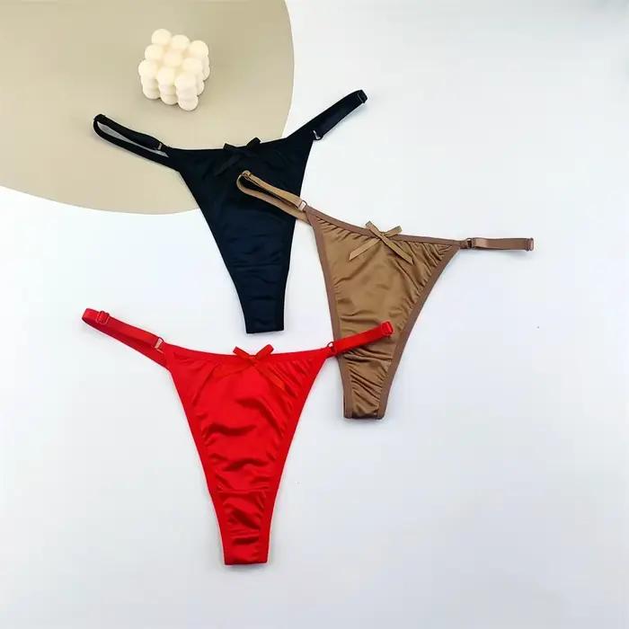 String en Satin réglable pour femmes, 3 pièces, sous-vêtements Sexy, taille basse, dos en T, fesses pêche, tentation, nœud Sexy, Lingerie