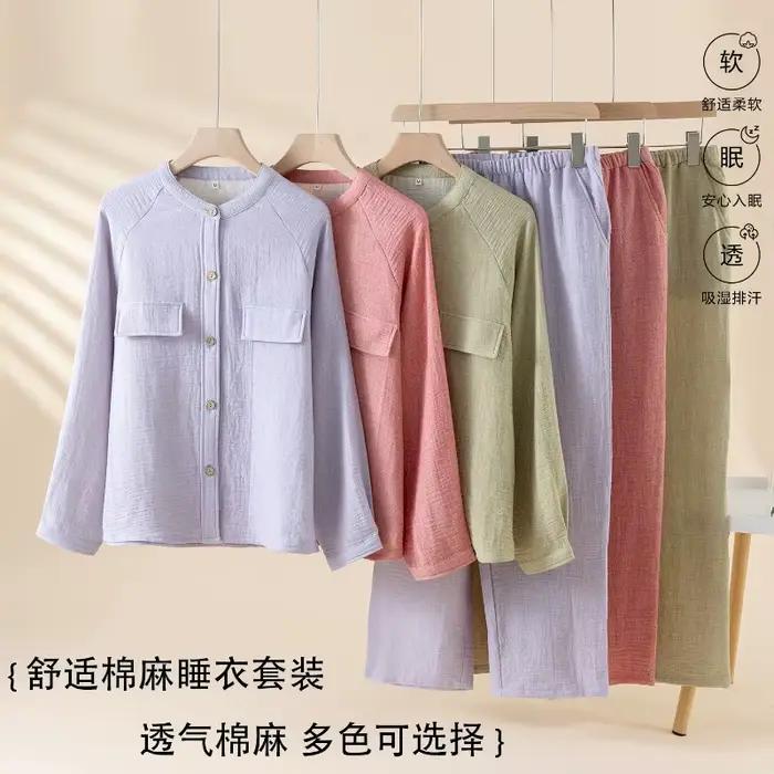 2025 coton et lin pyjamas pour femmes automne à manches longues pantalon ensemble de vêtements de détente col montant couleur unie Pijama 2 pièces