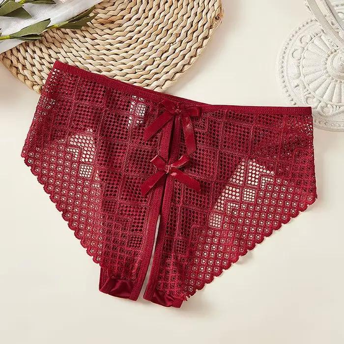 Sous-vêtements Sexy à entrejambe ouvert pour femmes, culotte taille basse, haute élasticité, nœud ajouré, grille, pas besoin de enlever, Breifs fins et doux