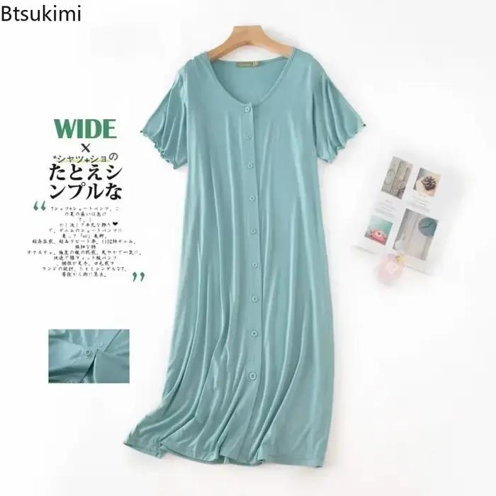 Nouveau Modal à manches courtes mi-long hauts de nuit robe de nuit avec bouton pour les femmes vêtements de nuit coton Cardigan grande taille robe de nuit