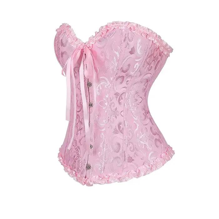 Corset pour femme vintage en jacquard, haut bustier amincissant, gaine amincissante, serre-taille rose, corsets overbust gothiques vintage, basques