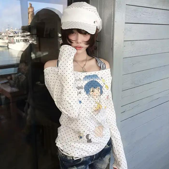 Japonské tričko Karrram Y2k s anime potlačou 2000s Cutecore s odhalenými ramenami Vintage Harajuku s dlhými rukávmi falošný dvojdielny top Kawaii