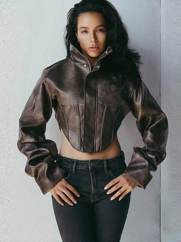Nibber Hottie Crop Bunda Ženy Rolák PU Nepravidelný Zips Gombík Dlhé Rukávy Divoký Sexy Ulica Polnoc Jeseň