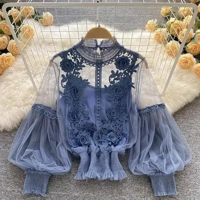 Dlhé rukávy nadýchaná čipka Vintage blúzka Módne elegantné blúzky pre ženy Kórejské