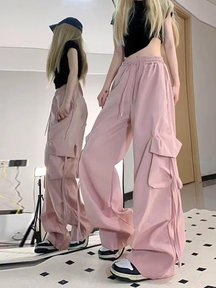 Zoki ružové streetwear cargo nohavice pre ženy voľné Harajuku Y2K rovné