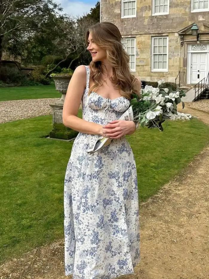 Robe d'été mi-longue vintage à imprimé floral pour femme, style corset, bleue, avec ceinture, bandage, disponible en blanc, noir, rose, vert, robe nuisette d'été