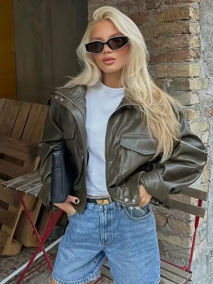 HH Dámska vintage bomber bunda z umelej kože s krátkym strihom