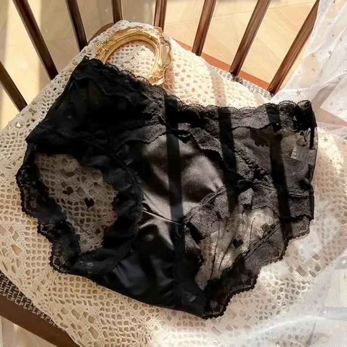 Culottes en satin de soie à fleurs en dentelle, taille basse, style français, motif cœur, transparentes en maille, pour femme