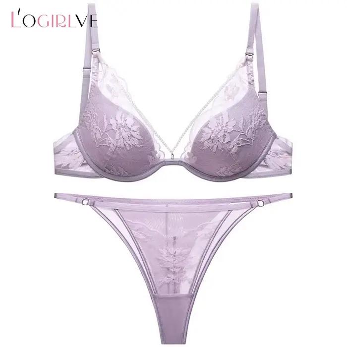 Ensemble de lingerie fine française Logirlve pour femme, sexy, en satin et dentelle, avec soutien-gorge confortable imprimé et string, sous-vêtements tentants