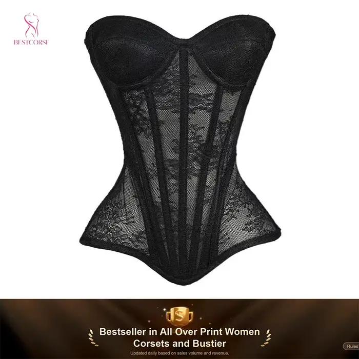 XXS corset femme luxe victorien élégant noir sexy en maille, bustier extrême moulant avec bonnets, baleines en acier, serre-taille sculptant les courbes.corse
