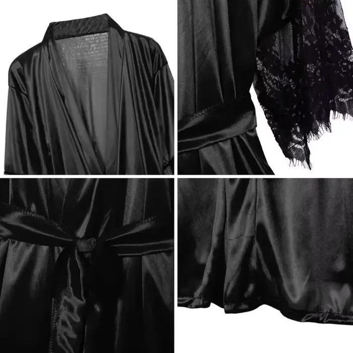 Robe de nuit pour femmes avec string, robe de chambre en dentelle florale, robe de nuit à manches courtes, vêtements de nuit en satin soyeux sexy à la française