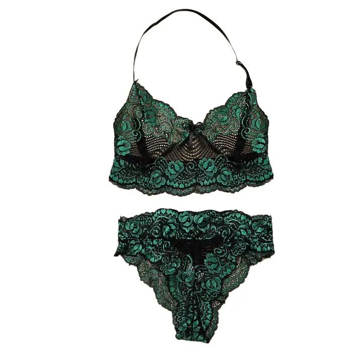 Femmes Sexy Lingerie deux pièces dentelle trois points gros seins sous-vêtements nœud papillon dentelle florale fantaisie porno soutien-gorge bref ensemble Porno Ropa