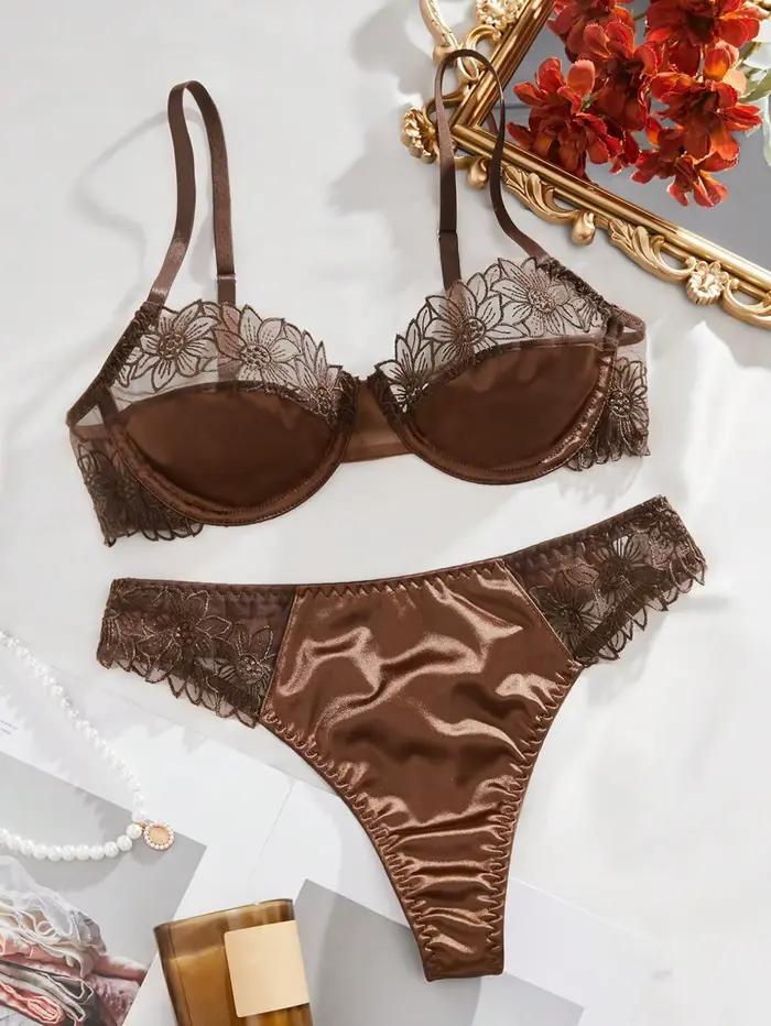 Ensemble de soutien-gorge sexy 2 pièces avec broderie florale - Ensemble de lingerie semi-transparente à armatures brodées de tournesol, idéal pour les dates, offre spéciale