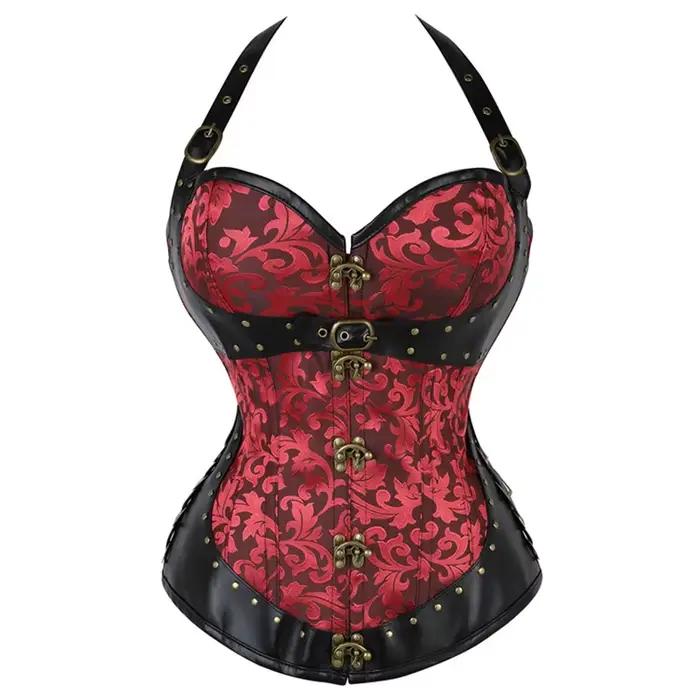 2 couleurs PU gothique licou Corselet Rivet dos pansement Corsage femmes Sexy Shaper Faux cuir érotique dentelle ferme Corsets Bustier