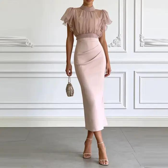 Ensemble élégant jupe moulante et haut en maille transparente pour femme – Collection été couleur unie, coupe ajustée, idéal pour le quotidien