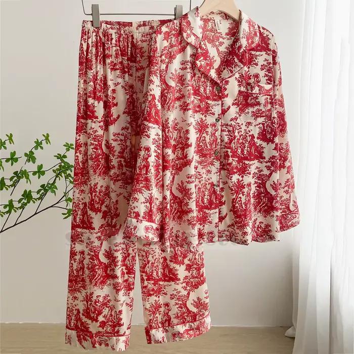 Mode imprimé fleur 2 pièces Pyjamas ensemble femmes vêtements de nuit printemps été pantalon costumes salon porter ample Satin Homewear Pijamas costume