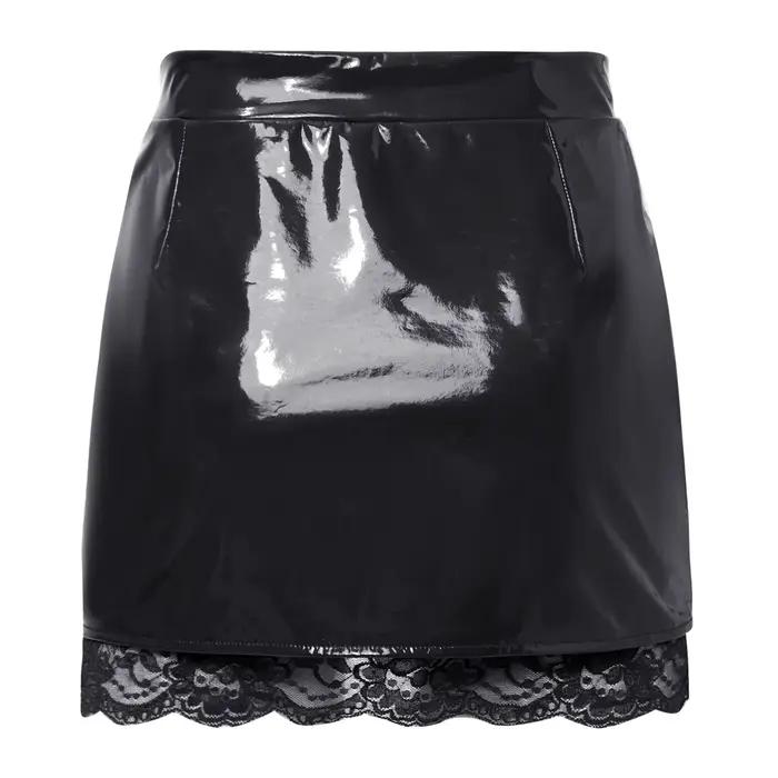 Mini-jupe moulante en latex pour femme, en similicuir PU brillant, avec fente, effet mouillé, style clubwear, doublure en dentelle florale, taille haute, jupe à volants