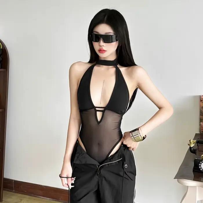 SylCue maille Patchwork maigre body femmes licou col bas Sexy décolleté dos nu rue Style sauvage Hipster Coquette Clubwear